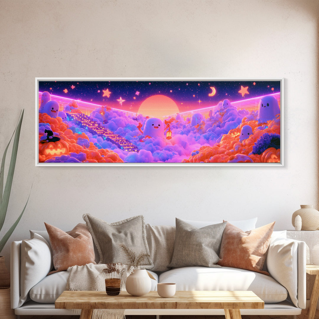 The Halloween Cloud Kingdom, Retro Neon Halloween Art, Extra Wide Wall Art, Framed Canvas Print, Retro Halloween Decor, Neon Wall Art