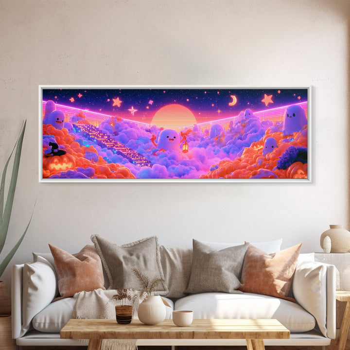 The Halloween Cloud Kingdom, Retro Neon Halloween Art, Extra Wide Wall Art, Framed Canvas Print, Retro Halloween Decor, Neon Wall Art