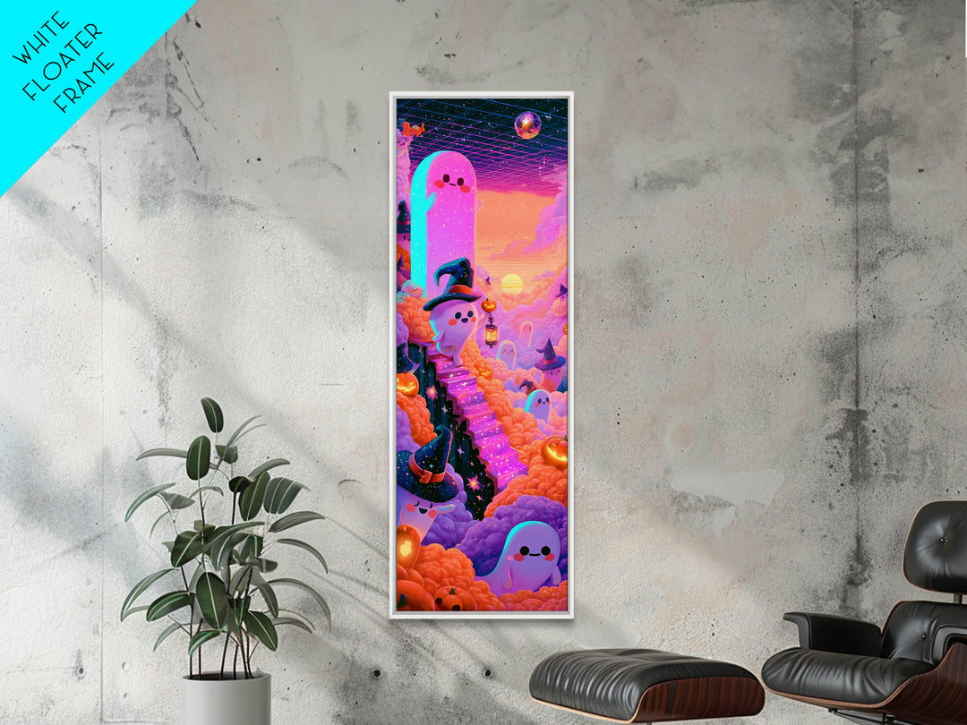 The Halloween Cloud Kingdom, Cute Spooky Neon Art, Tall Narrow Wall Art, Framed Canvas Print, Retro Halloween Decor, Neon Wall Art