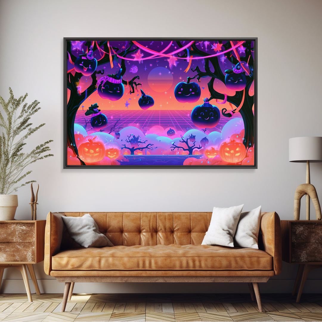 The Enchanted Apple Orchard, Vaporwave Halloween Decor, Landscape Wall Art, Canvas Print, Retro Halloween Decor, Neon Wall Art