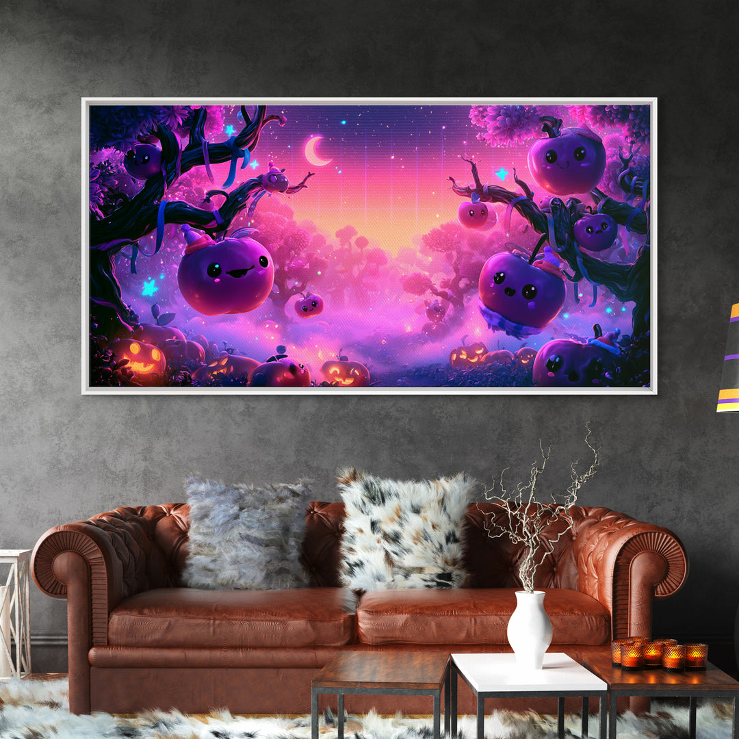 The Enchanted Apple Orchard, 80s Halloween Wall Art, Wide Panoramic Art, Canvas Print, Retro Halloween Decor, Neon Wall Art