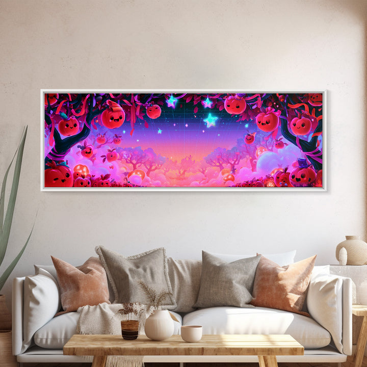 The Enchanted Apple Orchard, Retro Neon Halloween Art, Extra Wide Wall Art, Framed Canvas Print, Retro Halloween Decor, Neon Wall Art
