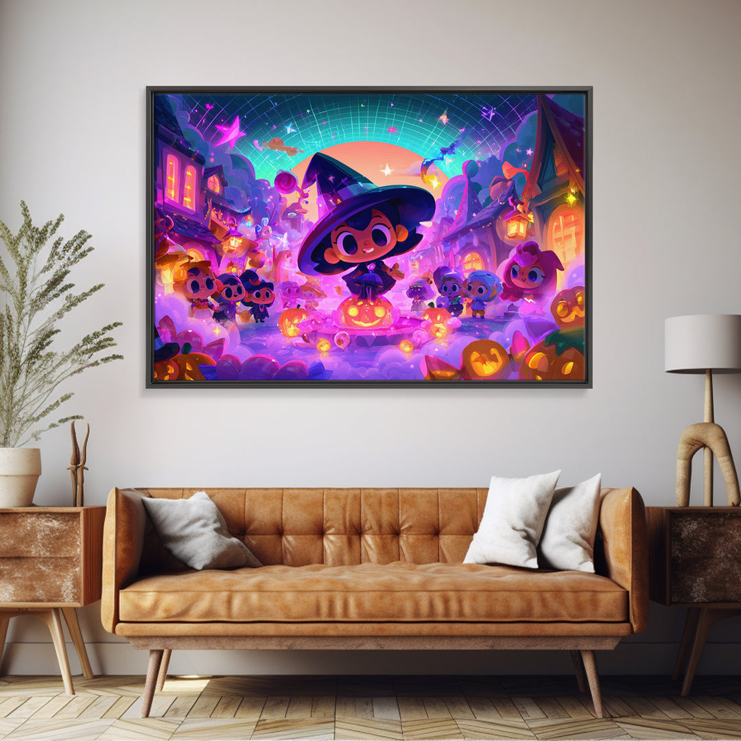 The Trick-Or-Treat Village Square, Synthwave Halloween Art, Landscape Wall Art, Framed Canvas Print, Retro Halloween Decor, Neon Wall Art