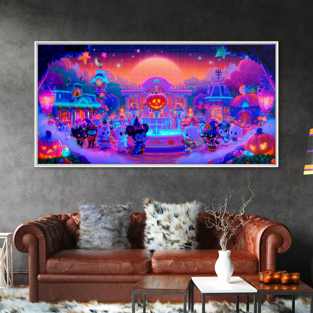 The Trick-Or-Treat Village Square, Synthwave Halloween Art, Wide Panoramic Art, Framed Canvas Print, Retro Halloween Decor, Neon Wall Art