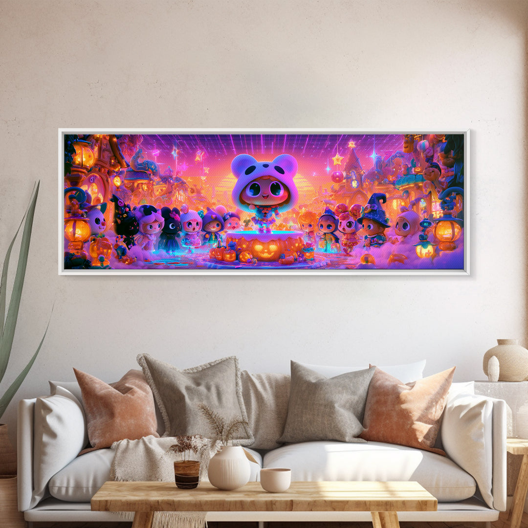 The Trick-Or-Treat Village Square, 80s Halloween Wall Art, Extra Wide Wall Art, Framed Canvas Print, Retro Halloween Decor, Neon Wall Art