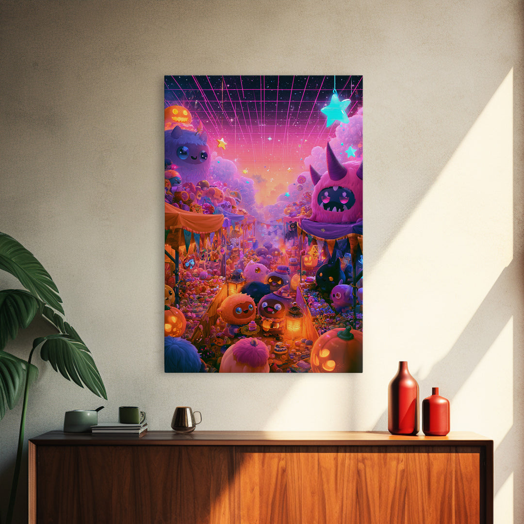 The Friendly Monster Market, Cute Spooky Neon Art, Vertical Wall Art, Framed Canvas Print, Retro Halloween Decor, Neon Wall Art