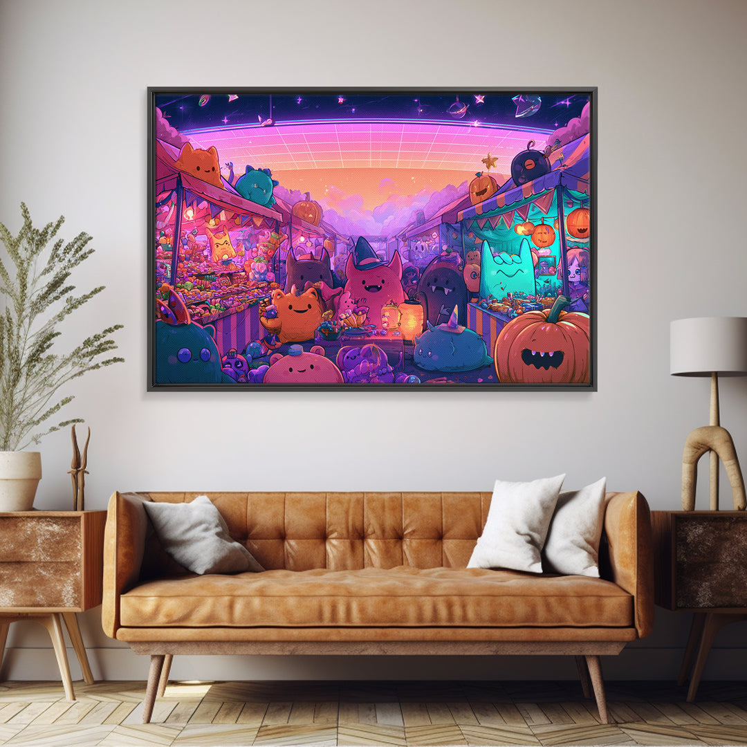 The Friendly Monster Market, Vaporwave Halloween Decor, Landscape Wall Art, Framed Canvas Print, Retro Halloween Decor, Neon Wall Art