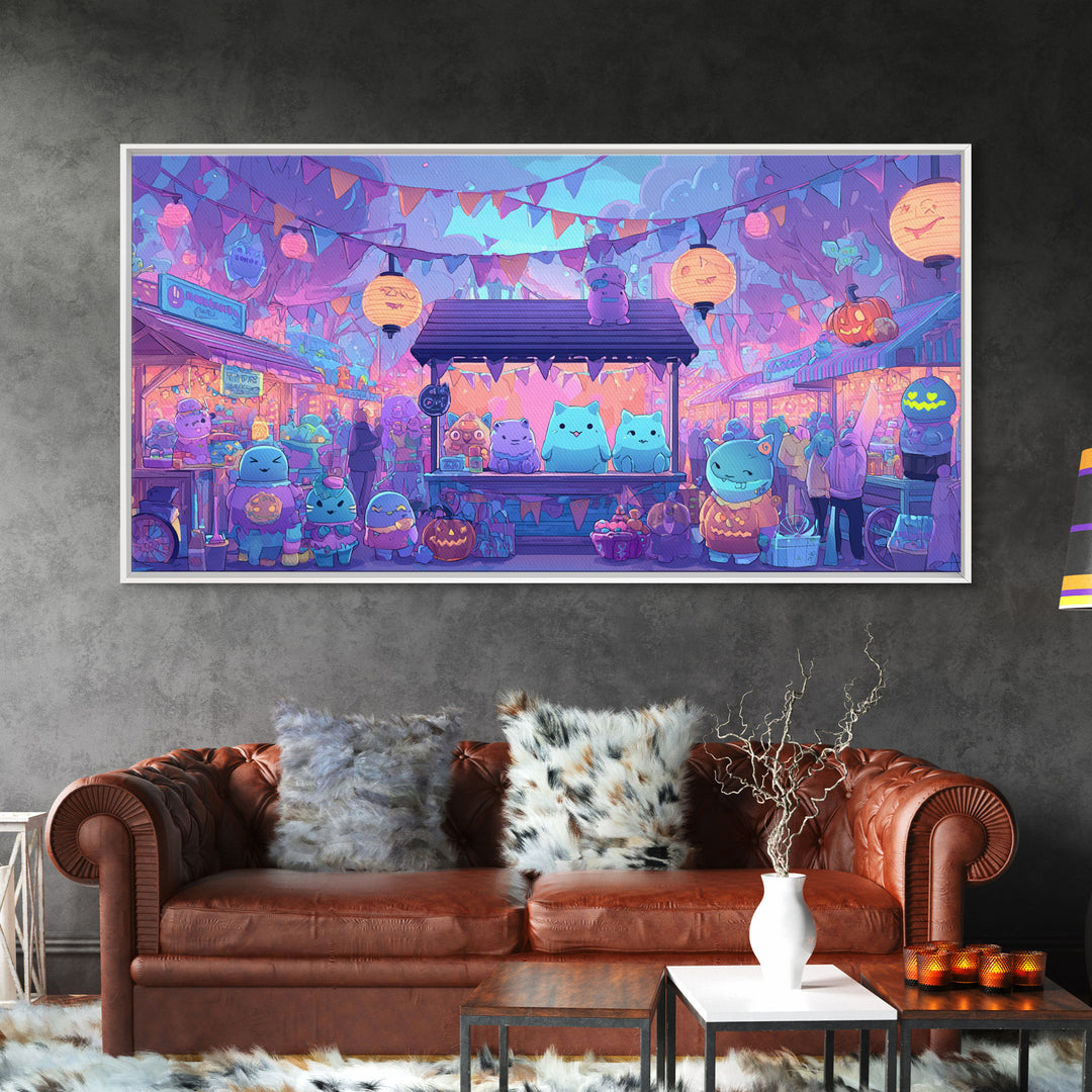 The Friendly Monster Market, 80s Halloween Wall Art, Wide Panoramic Art, Framed Canvas Print, Retro Halloween Decor, Neon Wall Art