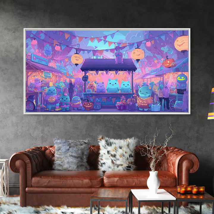 The Friendly Monster Market, 80s Halloween Wall Art, Wide Panoramic Art, Framed Canvas Print, Retro Halloween Decor, Neon Wall Art