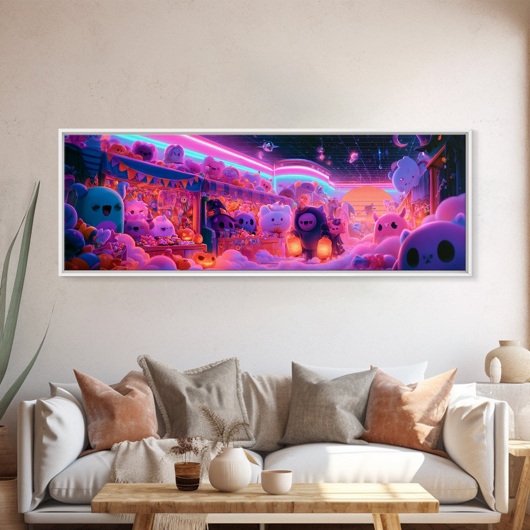 The Friendly Monster Market, 80s Halloween Wall Art, Extra Wide Wall Art, Framed Canvas Print, Retro Halloween Decor, Neon Wall Art