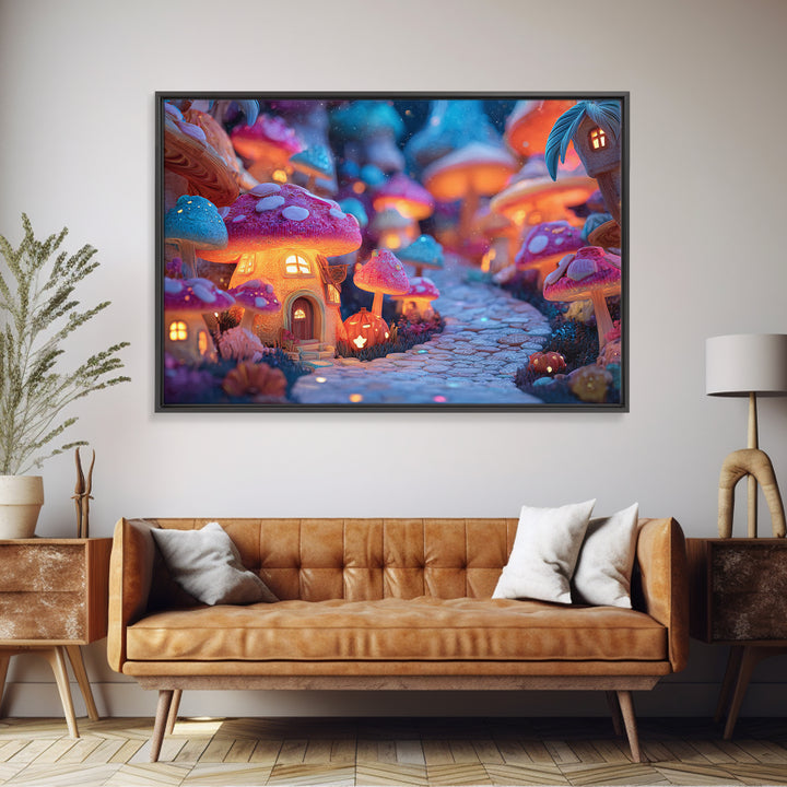 The Lantern-Lit Mushroom Village, Vaporwave Halloween Decor, Landscape Wall Art, Canvas Print, Retro Halloween Decor, Neon Wall Art