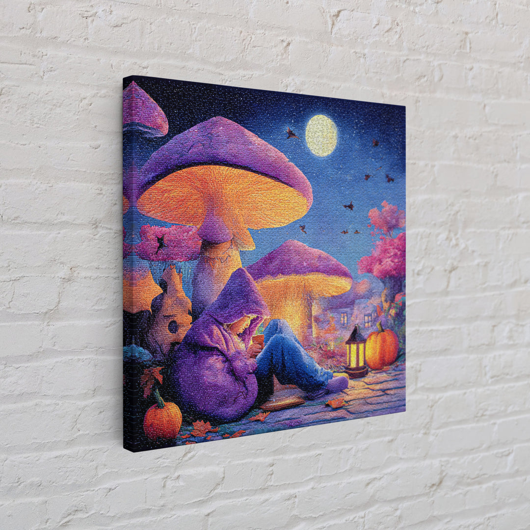 The Lantern-Lit Mushroom Village, Retro Neon Halloween Art, Square Wall Art, Framed Canvas Print, Retro Halloween Decor, Neon Wall Art