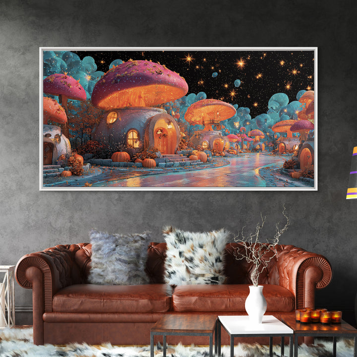 The Lantern-Lit Mushroom Village, Retro Neon Halloween Art, Wide Panoramic Art, Canvas Print, Retro Halloween Decor, Neon Wall Art