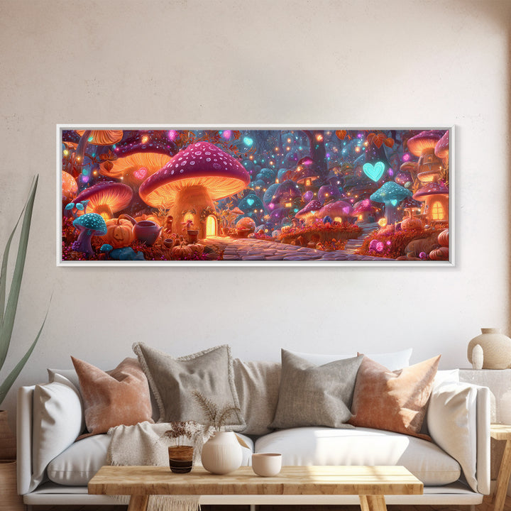 The Lantern-Lit Mushroom Village, 80s Halloween Wall Art, Extra Wide Wall Art, Framed Canvas Print, Retro Halloween Decor, Neon Wall Art