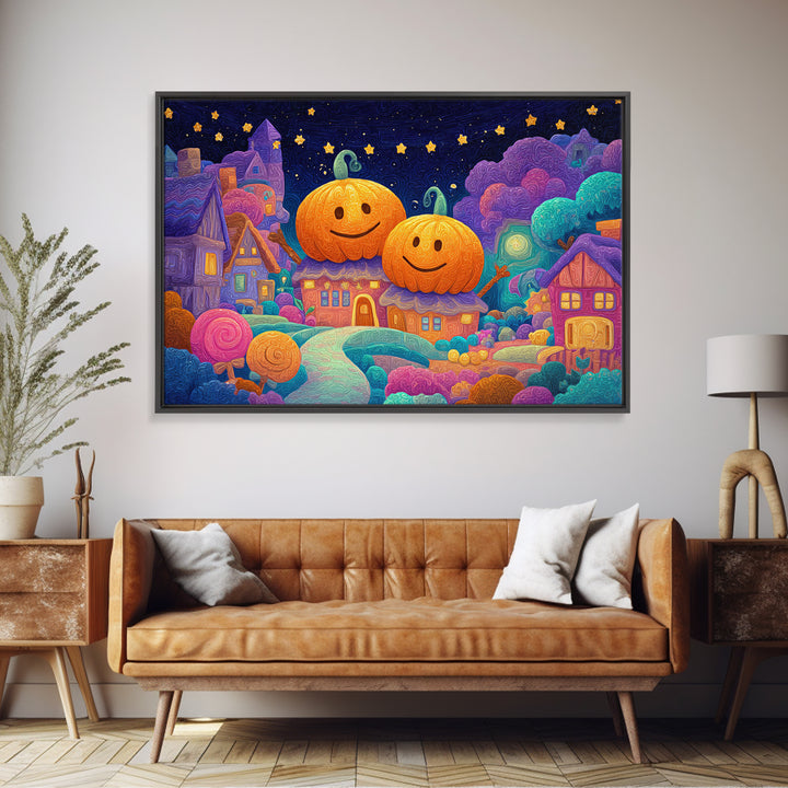 The Starry Pumpkin Farm, Retro Neon Halloween Art, Landscape Wall Art, Canvas Print, Retro Halloween Decor, Neon Wall Art