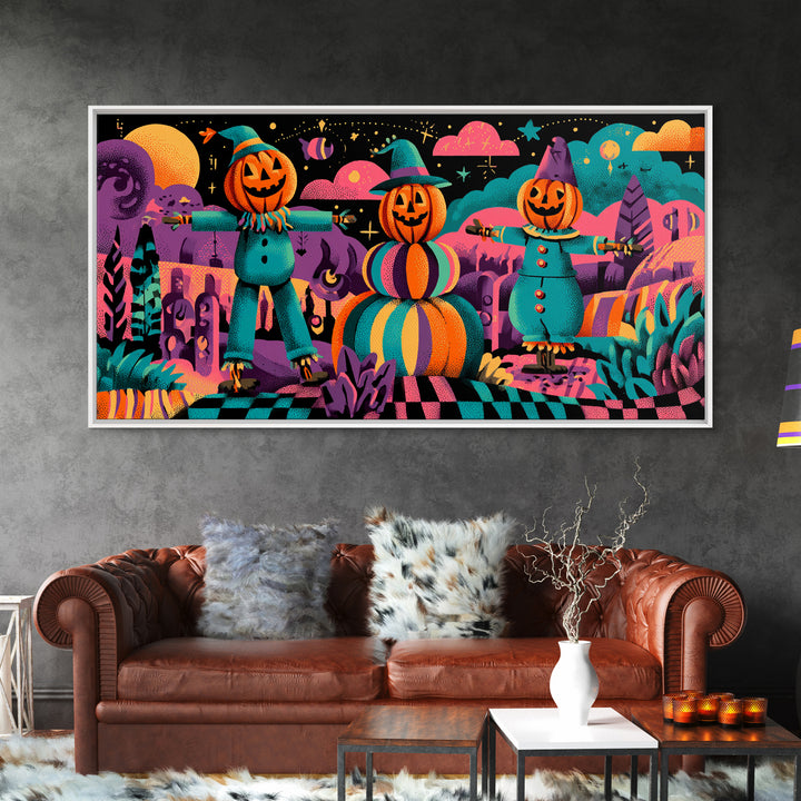 The Starry Pumpkin Farm, 80s Halloween Wall Art, Wide Panoramic Art, Canvas Print, Retro Halloween Decor, Neon Wall Art, Horror Wall Art