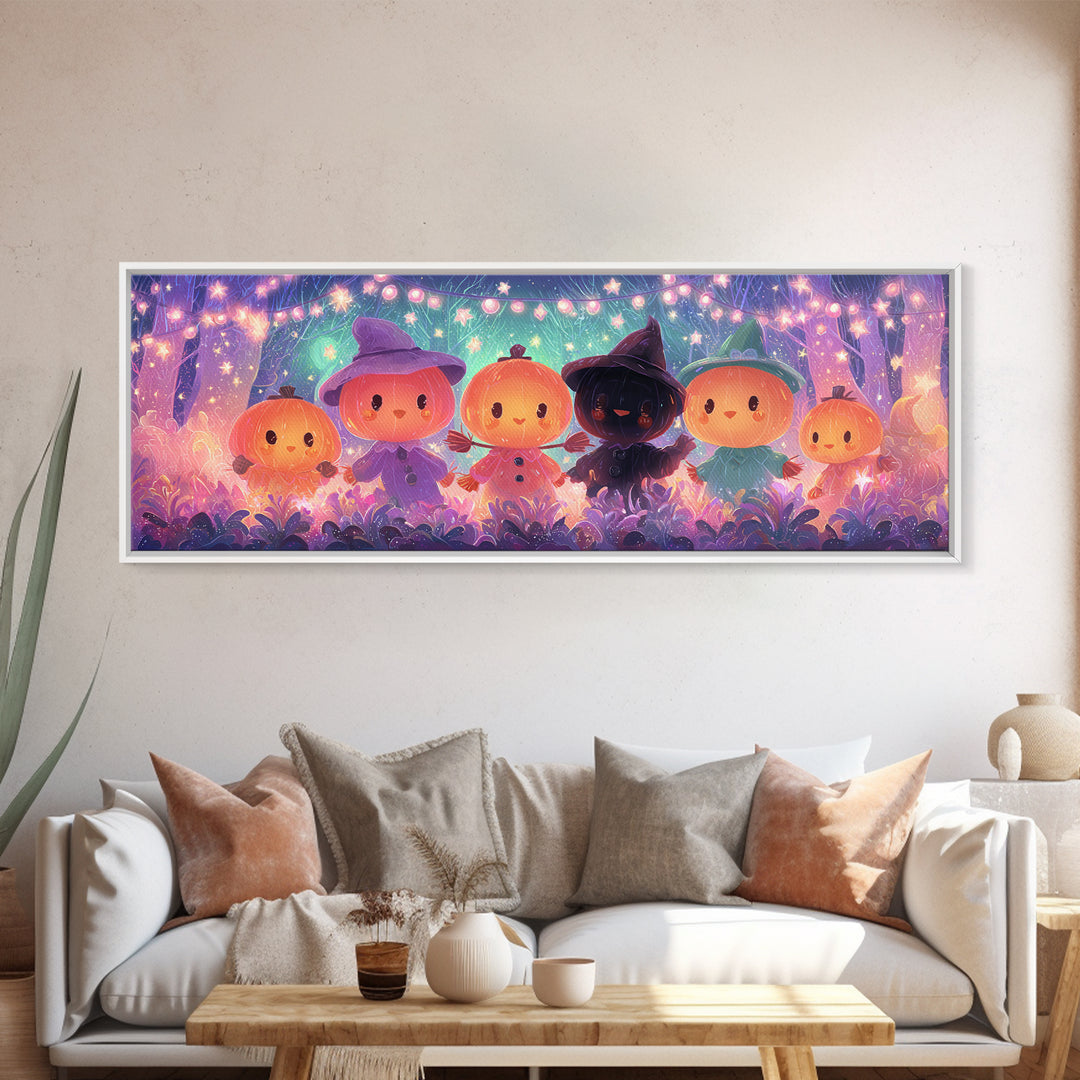 The Starry Pumpkin Farm, Vaporwave Halloween Decor, Extra Wide Wall Art, Framed Canvas Print, Retro Halloween Decor, Neon Wall Art