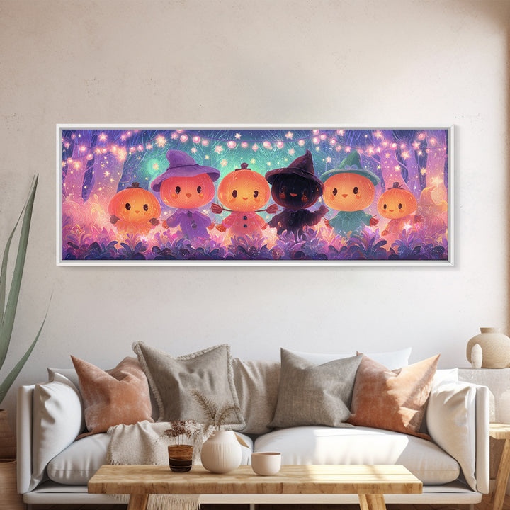 The Starry Pumpkin Farm, Vaporwave Halloween Decor, Extra Wide Wall Art, Framed Canvas Print, Retro Halloween Decor, Neon Wall Art