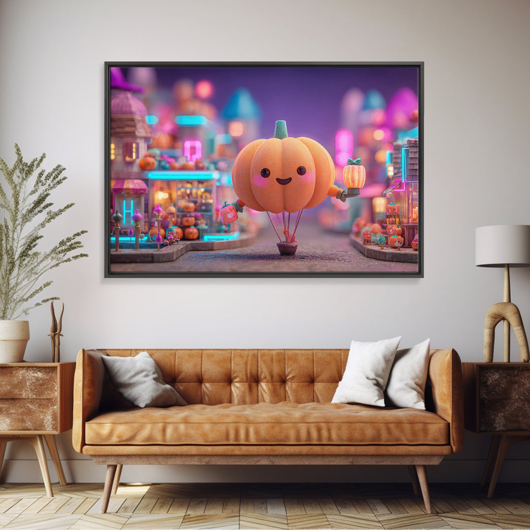 The Pumpkin Balloon Parade, Cute Spooky Neon Art, Landscape Wall Art, Framed Canvas Print, Retro Halloween Decor, Neon Wall Art