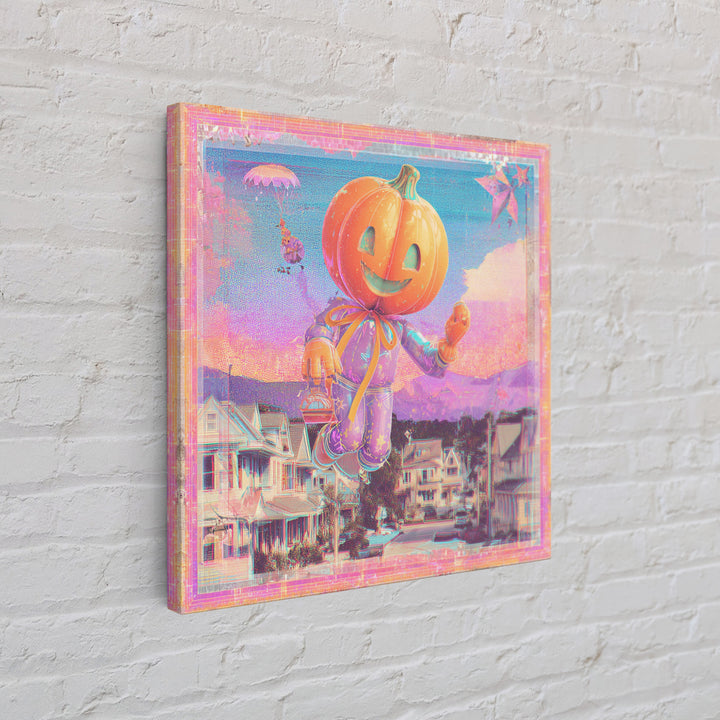 The Pumpkin Balloon Parade, Cute Spooky Neon Art, Square Wall Art, Canvas Print, Retro Halloween Decor, Neon Wall Art, Statement Wall Art