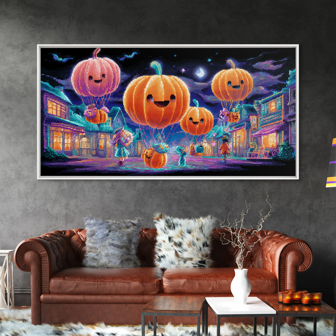 The Pumpkin Balloon Parade, 80s Halloween Wall Art, Wide Panoramic Art, Canvas Print, Retro Halloween Decor, Neon Wall Art