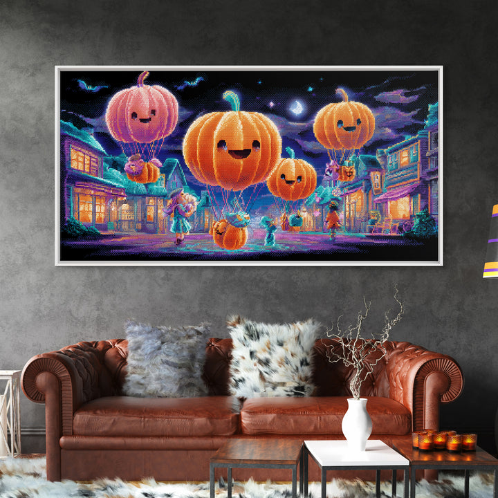 The Pumpkin Balloon Parade, 80s Halloween Wall Art, Wide Panoramic Art, Canvas Print, Retro Halloween Decor, Neon Wall Art