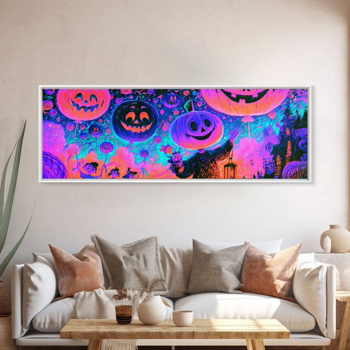 The Pumpkin Balloon Parade, Retro Neon Halloween Art, Extra Wide Wall Art, Framed Canvas Print, Retro Halloween Decor, Neon Wall Art