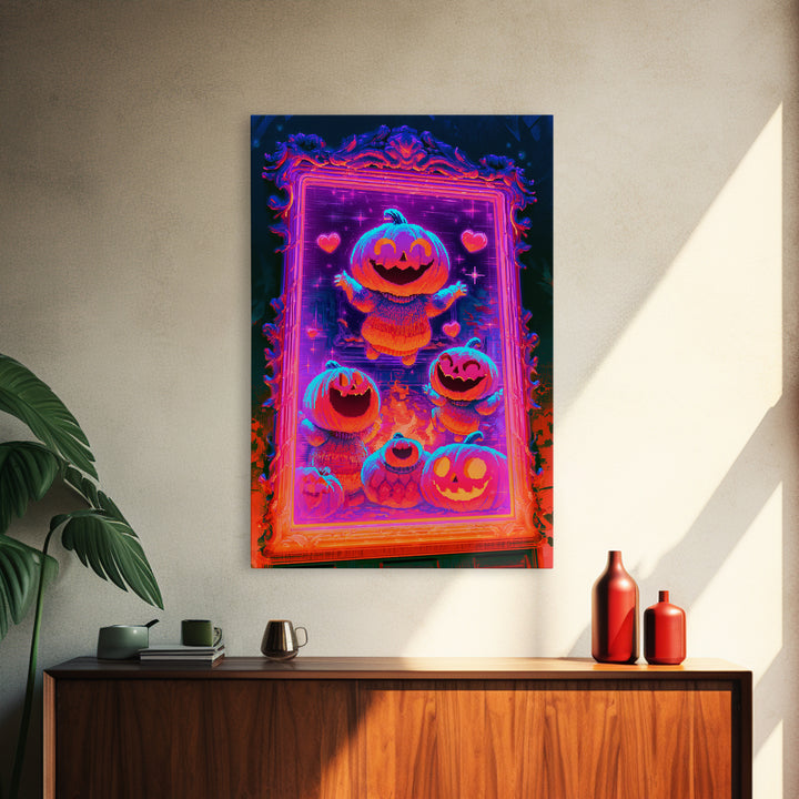 The Pumpkin Family Portrait, Synthwave Halloween Art, Vertical Wall Art, Framed Canvas Print, Retro Halloween Decor, Neon Wall Art