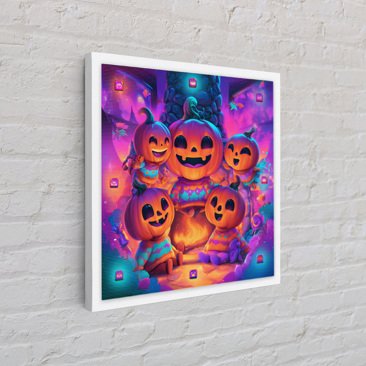 The Pumpkin Family Portrait, 80s Halloween Wall Art, Square Wall Art, Framed Canvas Print, Retro Halloween Decor, Neon Wall Art