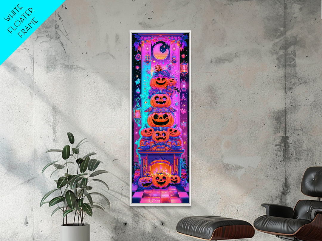 The Pumpkin Family Portrait, Retro Neon Halloween Art, Tall Narrow Wall Art, Canvas Print, Retro Halloween Decor, Neon Wall Art