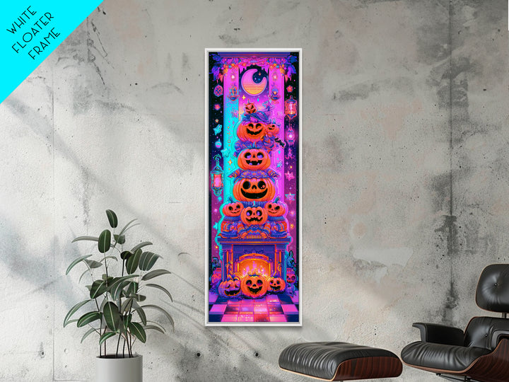 The Pumpkin Family Portrait, Retro Neon Halloween Art, Tall Narrow Wall Art, Canvas Print, Retro Halloween Decor, Neon Wall Art