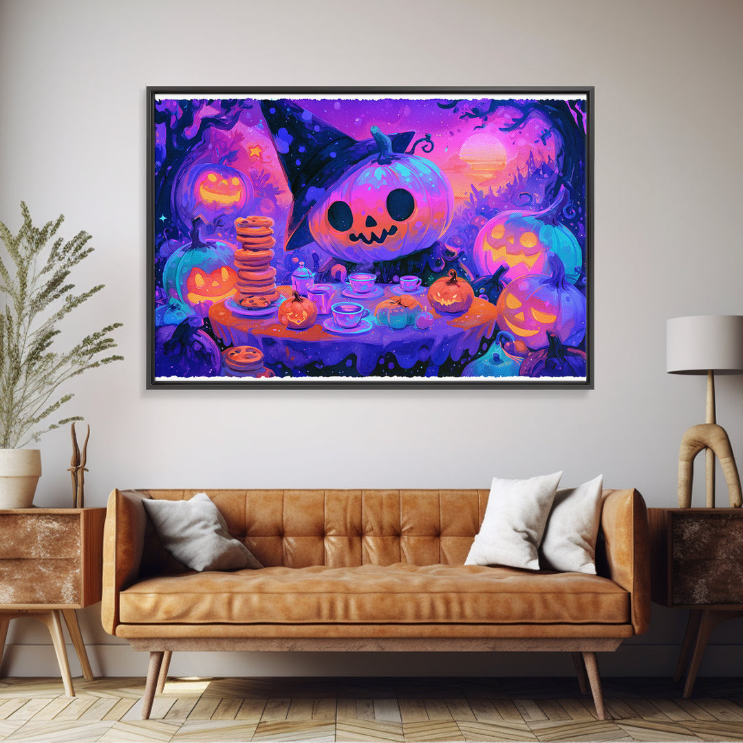 The Pumpkin Tea Party, Retro Neon Halloween Art, Landscape Wall Art, Framed Canvas Print, Retro Halloween Decor, Neon Wall Art