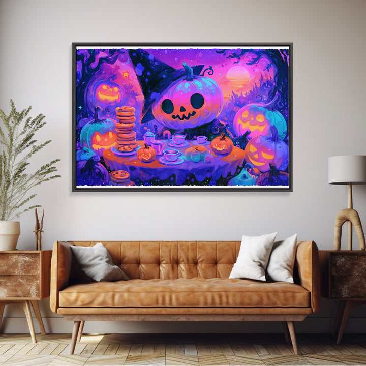 The Pumpkin Tea Party, Retro Neon Halloween Art, Landscape Wall Art, Framed Canvas Print, Retro Halloween Decor, Neon Wall Art