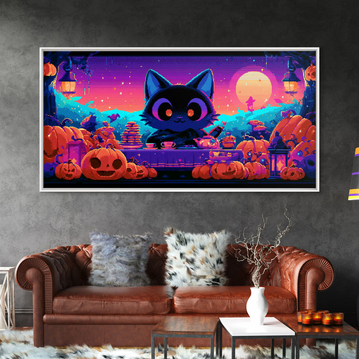 The Pumpkin Tea Party, 80s Halloween Wall Art, Wide Panoramic Art, Canvas Print, Retro Halloween Decor, Neon Wall Art
