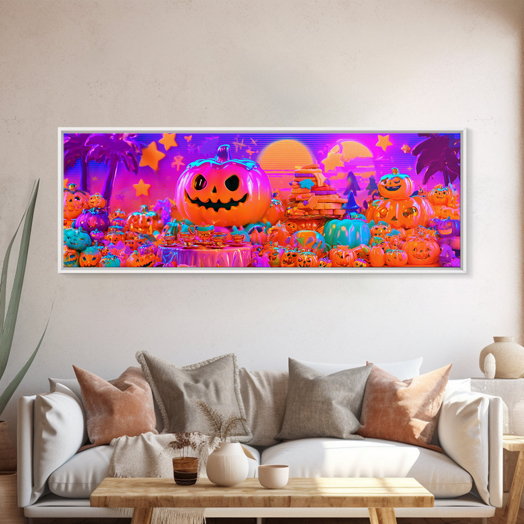 The Pumpkin Tea Party, Cute Spooky Neon Art, Extra Wide Wall Art, Framed Canvas Print, Retro Halloween Decor, Neon Wall Art