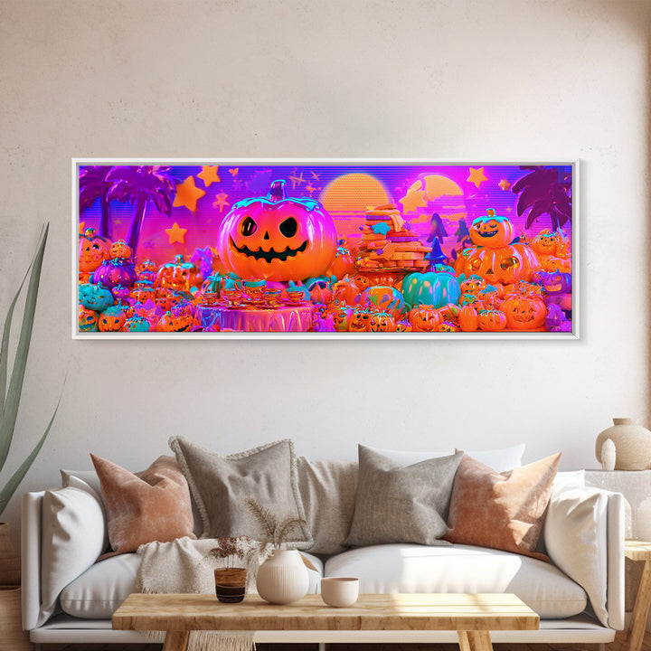 The Pumpkin Tea Party, Cute Spooky Neon Art, Extra Wide Wall Art, Framed Canvas Print, Retro Halloween Decor, Neon Wall Art