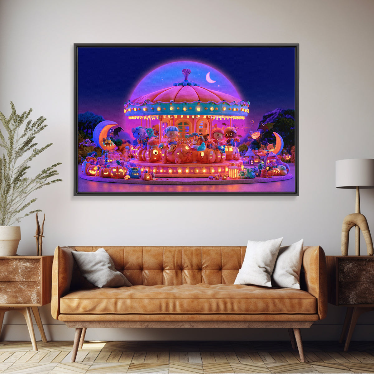 The Pumpkin Carousel, Retro Neon Halloween Art, Landscape Wall Art, Framed Canvas Print, Retro Halloween Decor, Neon Wall Art