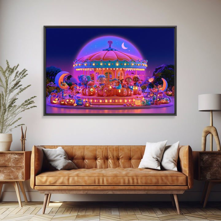 The Pumpkin Carousel, Retro Neon Halloween Art, Landscape Wall Art, Framed Canvas Print, Retro Halloween Decor, Neon Wall Art