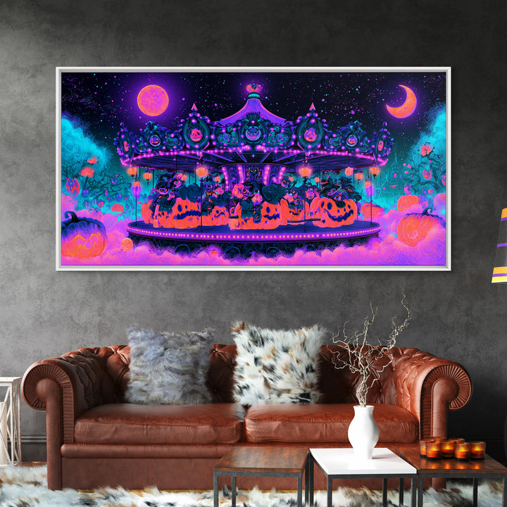 The Pumpkin Carousel, Synthwave Halloween Art, Wide Panoramic Art, Canvas Print, Retro Halloween Decor, Neon Wall Art, Statement Wall Art