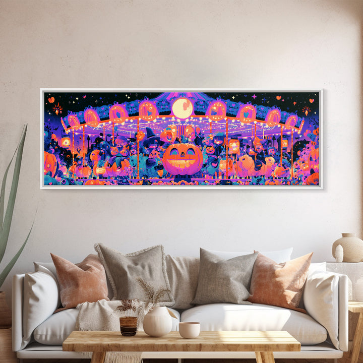 The Pumpkin Carousel, Synthwave Halloween Art, Extra Wide Wall Art, Framed Canvas Print, Retro Halloween Decor, Neon Wall Art