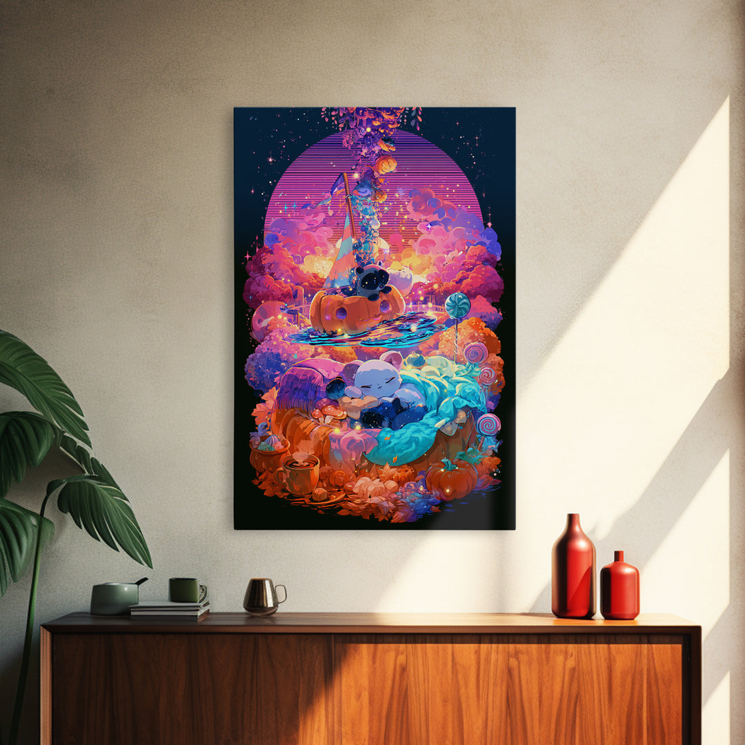 The Pumpkin Sailboat, Vaporwave Halloween Decor, Vertical Wall Art, Framed Canvas Print, Retro Halloween Decor, Neon Wall Art