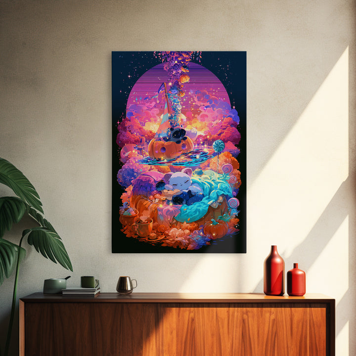 The Pumpkin Sailboat, Vaporwave Halloween Decor, Vertical Wall Art, Framed Canvas Print, Retro Halloween Decor, Neon Wall Art