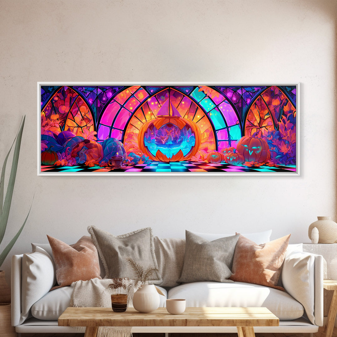 The Pumpkin Sailboat, Vaporwave Halloween Decor, Extra Wide Wall Art, Canvas Print, Retro Halloween Decor, Neon Wall Art