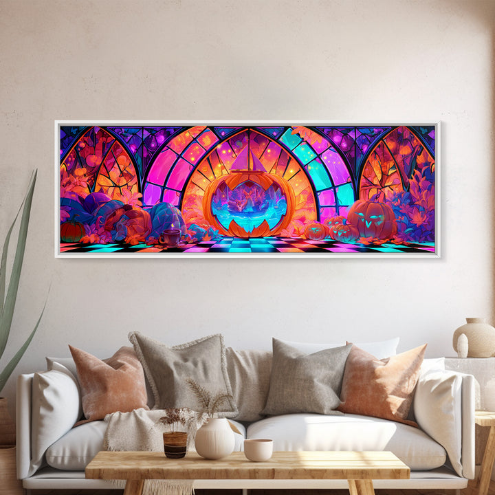 The Pumpkin Sailboat, Vaporwave Halloween Decor, Extra Wide Wall Art, Canvas Print, Retro Halloween Decor, Neon Wall Art