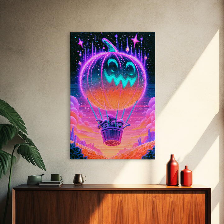 The Pumpkin Hot-Air Balloon, Cute Spooky Neon Art, Vertical Wall Art, Framed Canvas Print, Retro Halloween Decor, Neon Wall Art