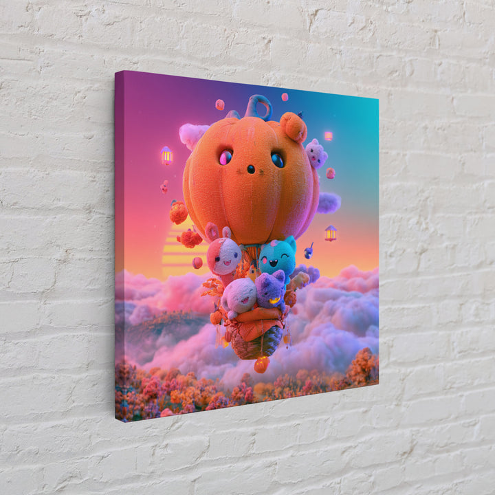 The Pumpkin Hot-Air Balloon, Cute Spooky Neon Art, Square Wall Art, Canvas Print, Retro Halloween Decor, Neon Wall Art, Dark Fantasy Art