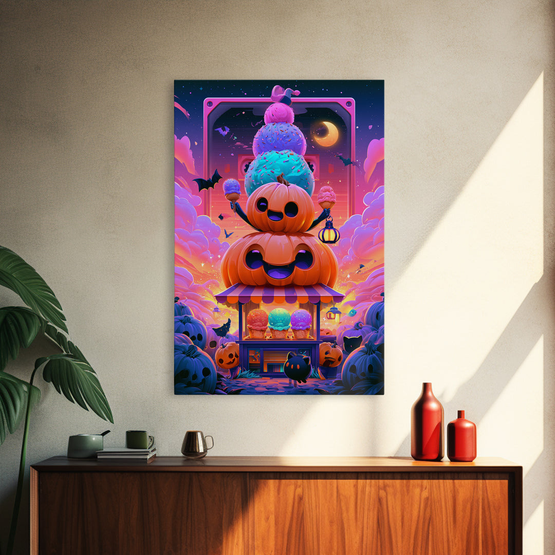 The Pumpkin Ice-Cream Stand, Synthwave Halloween Art, Vertical Wall Art, Canvas Print, Retro Halloween Decor, Neon Wall Art