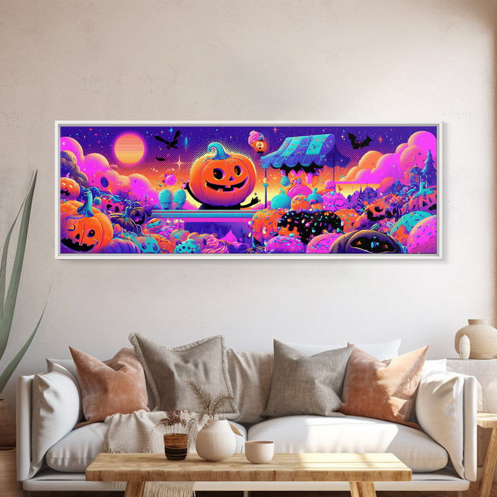 The Pumpkin Ice-Cream Stand, Retro Neon Halloween Art, Extra Wide Wall Art, Canvas Print, Retro Halloween Decor, Neon Wall Art