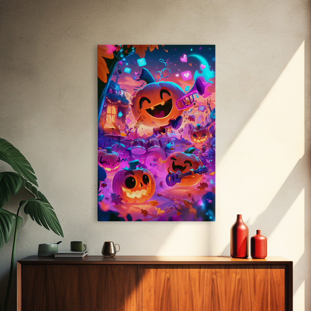 The Pumpkin Music Band, Cute Spooky Neon Art, Vertical Wall Art, Canvas Print, Retro Halloween Decor, Neon Wall Art, Halloween Wall Art