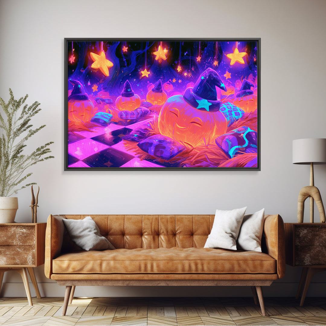 The Pumpkin Pajama Party, 80s Halloween Wall Art, Landscape Wall Art, Framed Canvas Print, Retro Halloween Decor, Neon Wall Art